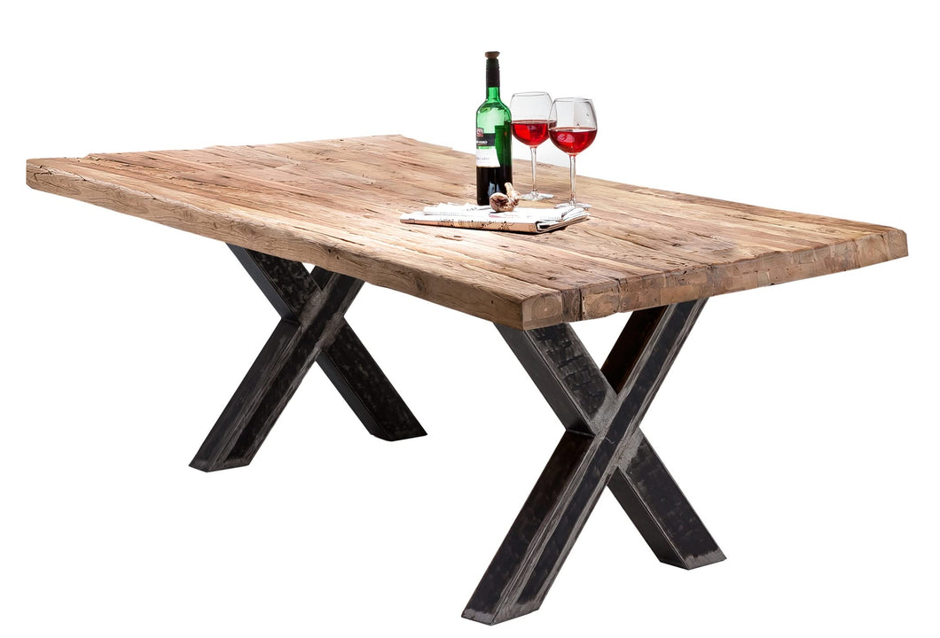 Tisch 180x100 cm Platte Teak, Gestell used look, klar lackiert | Plattenstärke 20 mm aufgedoppelt auf 50 mm, Abstand zwischen den Beinen: 110 cm, Rohr 10 x 10 cm, Wandstärke 1,4 mm, untere Höhe der Kreuzung 28 cm, obere Höhe 45 cm