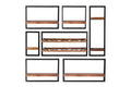 Wandregal-Set, 7-teilig 5 niedrige Wandregale in 4 Breiten, 1 hohes und 1 Weinregal | Maße der Einzelregale: 2 x 50x25x35 cm, 2 x 65x25x35 cm, 1 x 35x25x35 cm, 1 x 20x25x35 cm, 1 x 25x25x75 cm