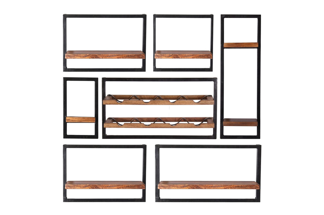 Wandregal-Set, 7-teilig 5 niedrige Wandregale in 4 Breiten, 1 hohes und 1 Weinregal | Maße der Einzelregale: 2 x 50x25x35 cm, 2 x 65x25x35 cm, 1 x 35x25x35 cm, 1 x 20x25x35 cm, 1 x 25x25x75 cm