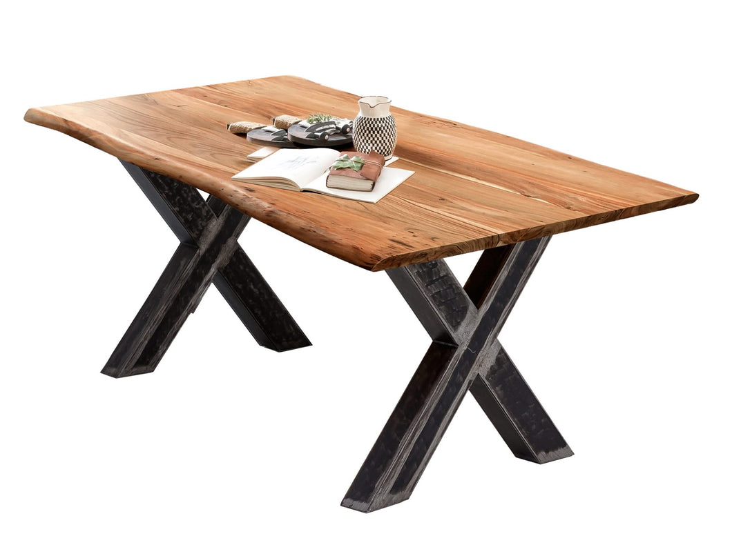 Tisch 220x100 cm Platte Akazie massiv, gebeizt, lackiert und gewachst, Gestell used look, klar lackiert | Plattenstärke 56 mm, Abstand zwischen den Beinen: 150 cm, Rohr 10 x 10 cm, Wandstärke 1,4 mm, untere Höhe der Kreuzung 28 cm, obere Höhe 45 cm