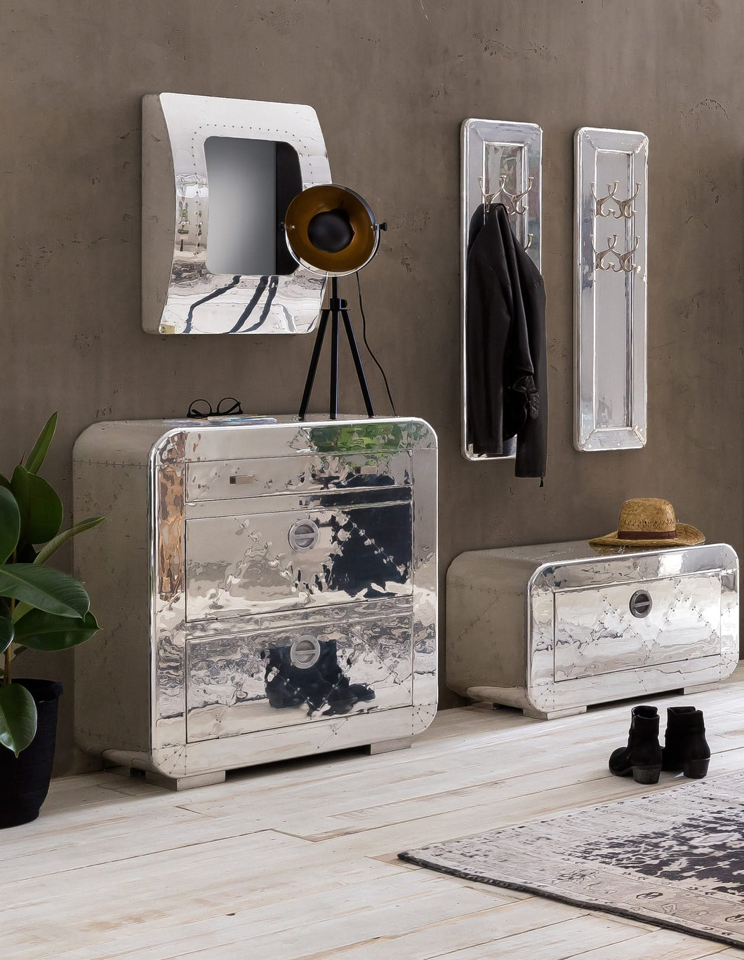 Dielen-Set 1 großer Schuhschrank, 1 kleiner Schuhschrank, 2 Garderobenpaneele, 1 Spiegel | Schuhschrank 85x40x90 cm für ca. 12 Paar Schuhe, Schuhschrank 85x40x45 cm für ca. 6 Paar Schuhe, Spiegel 47,5x17x65 cm, Garderobenpaneel 35x8x110 cm, 4 Haken