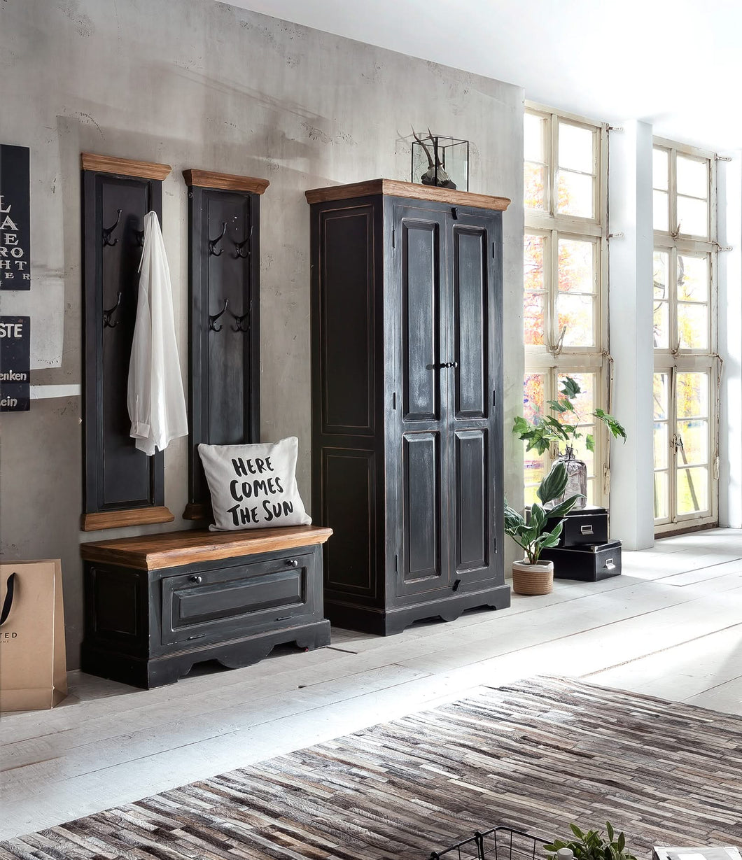 Dielen-Set 1 Schuhschrank, 2 Garderobenpaneele, 1 Kleiderschrank | Schuhschrank 85x40x45 cm für ca. 6 Paar Schuhe, Garderobenpaneel 35x8x110 cm, 4 Haken, Kleiderschrank 80x45x180 cm, innen 3 Böden, 2 davon herausnehmbar, 1 herausnehmbare Kleiderstange