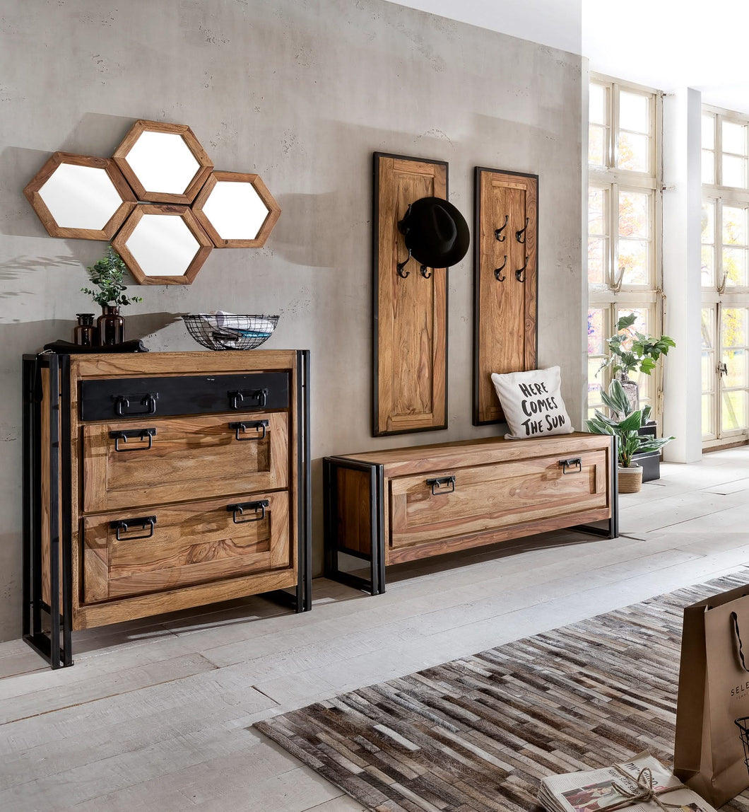 Dielen-Set 1 großer Schuhschrank, 1 kleiner Schuhschrank, 2 Garderobenpaneele, 4 Spiegel | Schuhschrank 80x40x96 cm für ca. 12 Paar Schuhe, Schuhschrank 130x40x50 cm für ca. 8 Paar Schuhe, Spiegel 35x4x35 cm, Garderobenpaneel 35x8x110 cm, 4 Haken