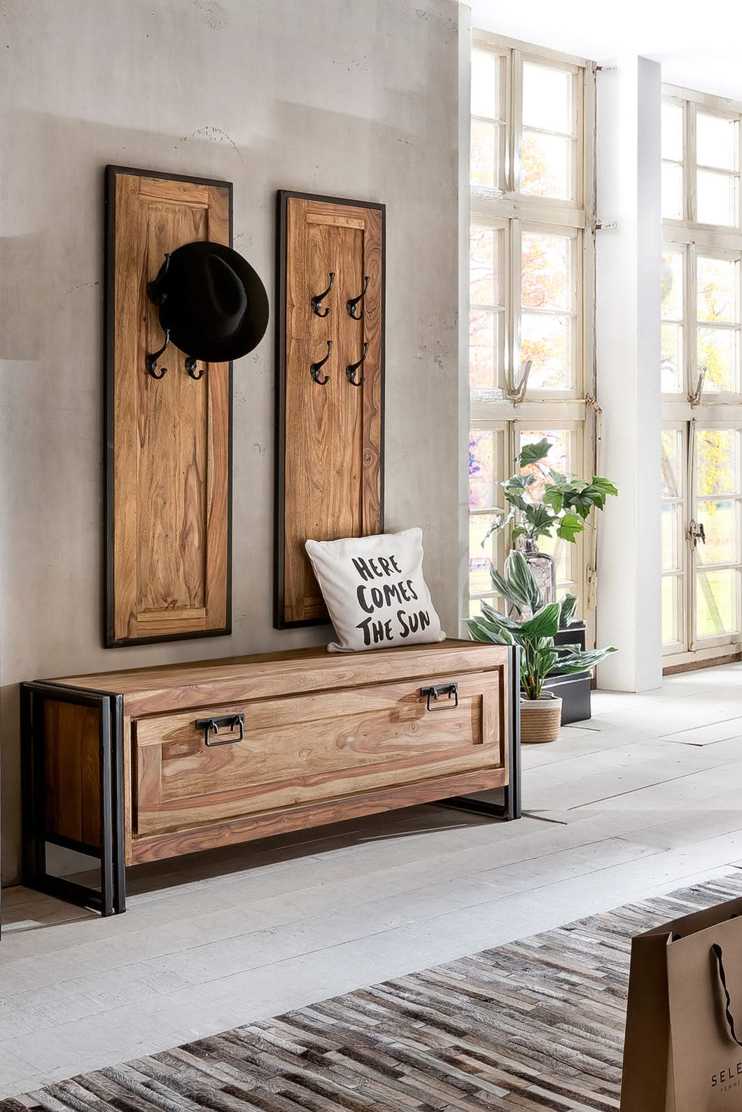 Dielen-Set 1 Schuhschrank, 2 Garderobenpaneele | Schuhschrank 130x40x50 cm für ca. 8 Paar Schuhe, Garderobenpaneel 35x8x110 cm, 4 Haken