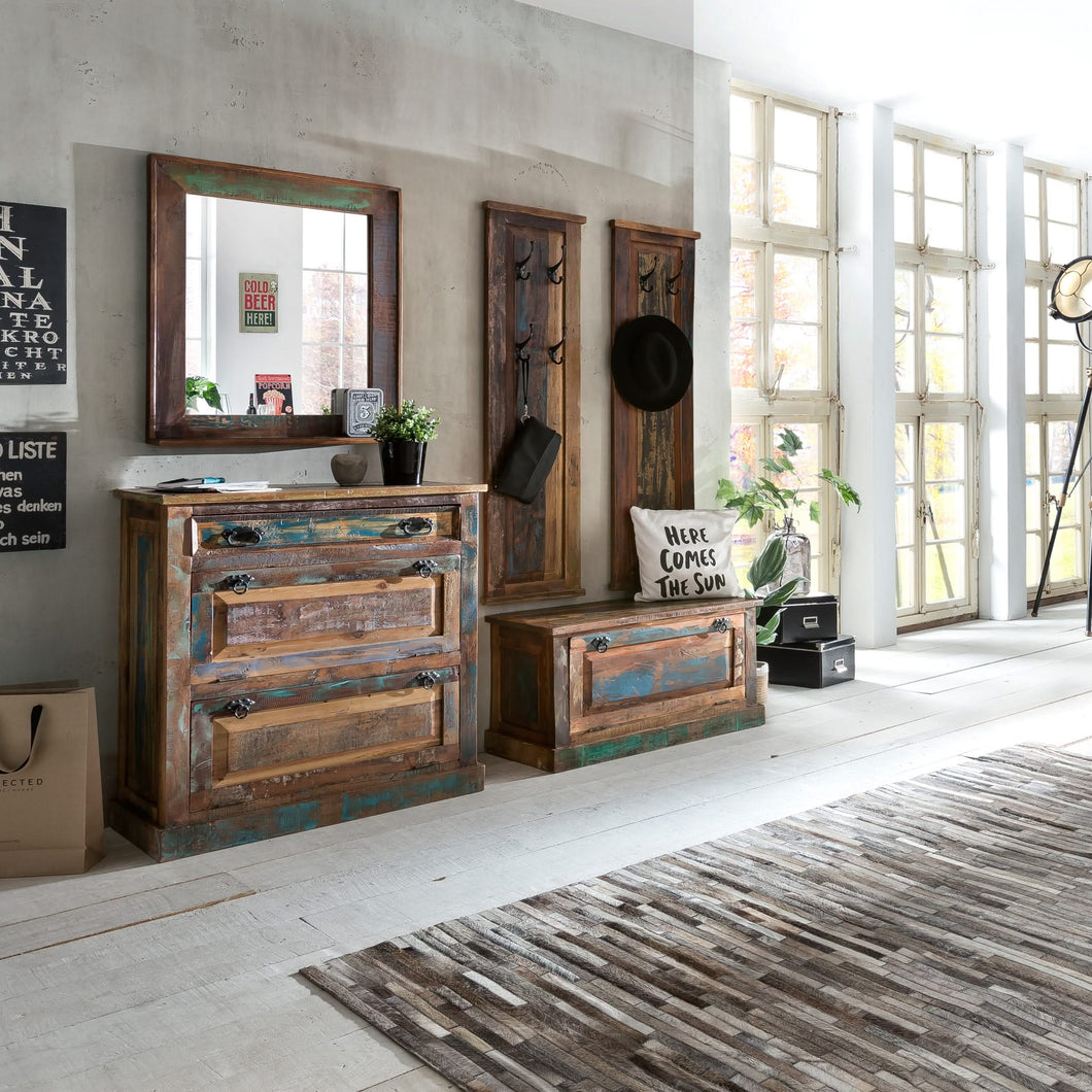 Dielen-Set 1 großer Schuhschrank, 1 kleiner Schuhschrank, 2 Garderobenpaneele, 1 Spiegel | Schuhschrank 85x40x90 cm für ca. 12 Paar Schuhe, Schuhschrank 85x40x45 cm für ca. 6 Paar Schuhe, Spiegel 68x8x79 cm, Garderobenpaneel 35x8x110 cm, 4 Haken