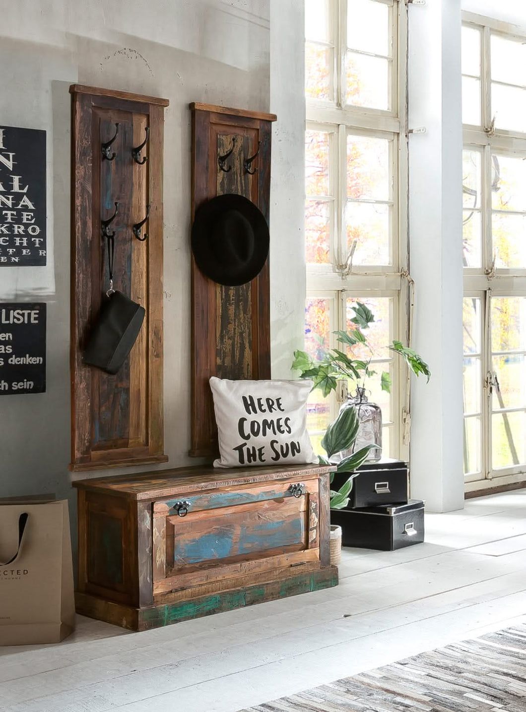 Dielen-Set 1 Schuhschrank, 2 Garderobenpaneele | Schuhschrank 85x40x45 cm für ca. 6 Paar Schuhe, Garderobenpaneel 35x8x110 cm, 4 Haken