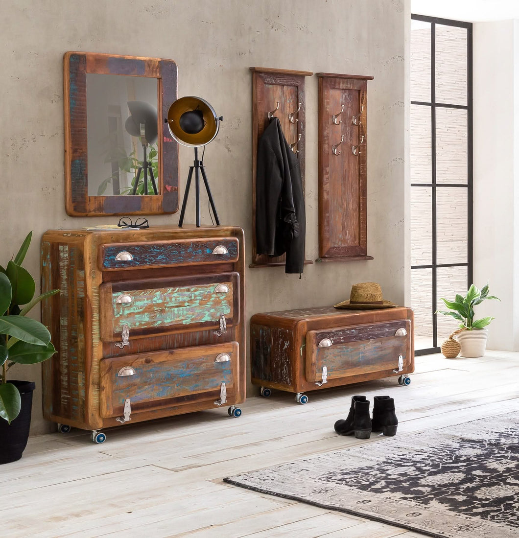 Dielen-Set  1 großer Schuhschrank, 1 kleiner Schuhschrank, 2 Garderobenpaneele, 1 Spiegel | Schuhschrank 85x40x95 cm für ca. 12 Paar Schuhe, Schuhschrank 85x40x45 cm für ca. 6 Paar Schuhe, Spiegel 60x3x80 cm, Garderobenpaneel 35x8x110 cm, 4 Haken