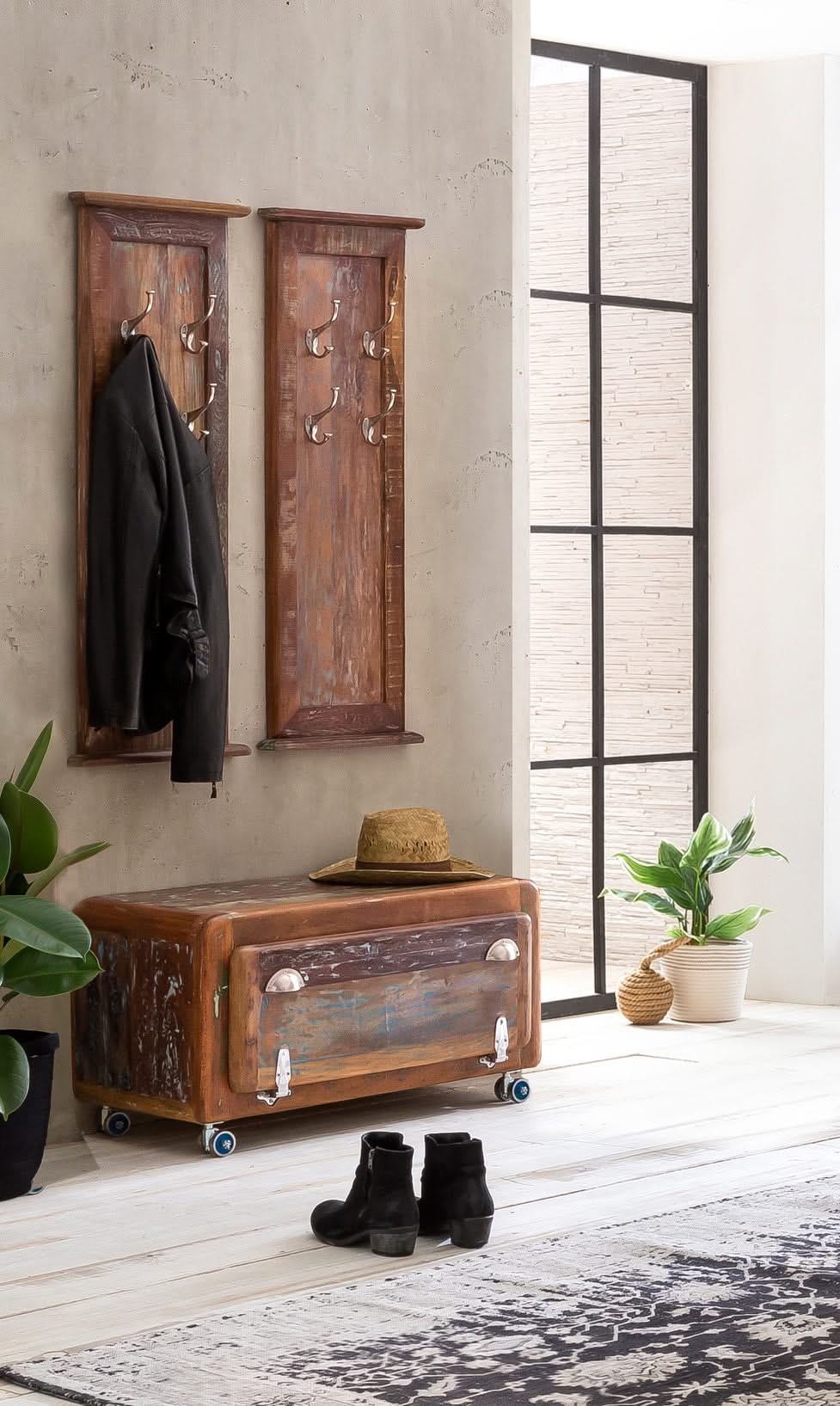 Dielen-Set  1 Schuhschrank, 2 Garderobenpaneele | Schuhschrank 85x40x45 cm für ca. 6 Paar Schuhe, Garderobenpaneel 35x8x110 cm, 4 Haken