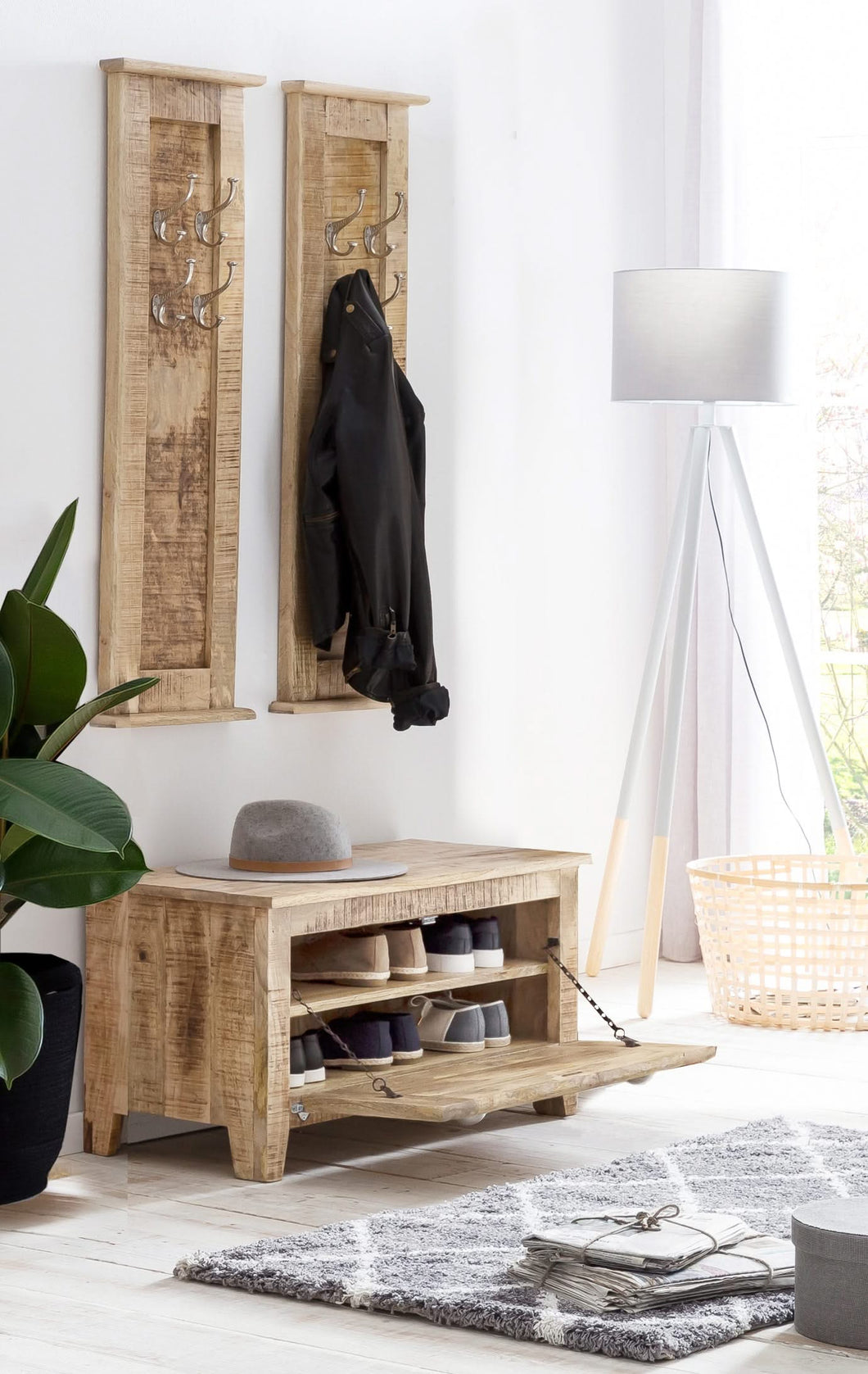 Dielen-Set 1 Schuhschrank, 2 Garderobenpaneele | Schuhschrank 85x40x45 cm für ca. 6 Paar Schuhe, Garderobenpaneel 35x8x110 cm, 4 Haken