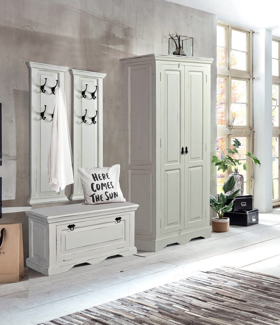 Dielen-Set 1 Schuhschrank, 2 Garderobenpaneele, 1 Kleiderschrank | Schuhschrank 85x40x45 cm für ca. 6 Paar Schuhe, Garderobenpaneel 38x8x110 cm, 4 Haken, Kleiderschrank 80x45x180 cm, innen 3 Böden, 2 davon herausnehmbar, 1 herausnehmbare Kleiderstange