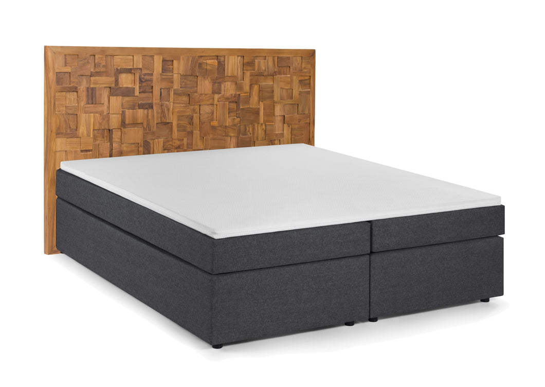 Boxspringbett mit Holz-Mosaik-Kopfteil 2 Boxen, 2 Matratzen, 1 Topper, Liegefläche 180x200 cm
