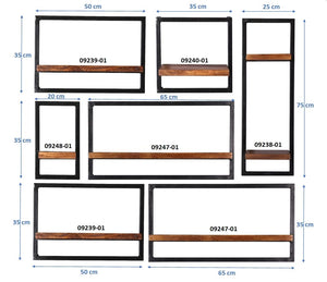 Wandregal-Set, 7-teilig 6 niedrige Wandregale in 3 Breiten und 1 hohes Wandregal | Maße der Einzelregale: 2 x 50x25x35 cm, 2 x 65x25x35 cm, 1 x 35x25x35 cm, 1 x 20x25x35 cm, 1 x 25x25x75 cm