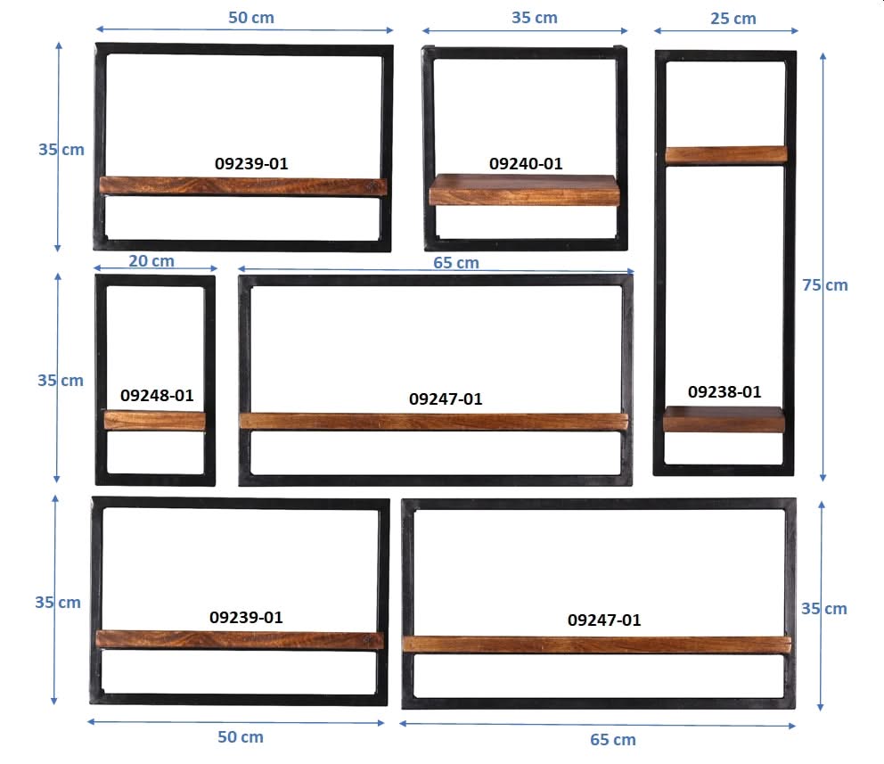 Wandregal-Set, 7-teilig 6 niedrige Wandregale in 3 Breiten und 1 hohes Wandregal | Maße der Einzelregale: 2 x 50x25x35 cm, 2 x 65x25x35 cm, 1 x 35x25x35 cm, 1 x 20x25x35 cm, 1 x 25x25x75 cm