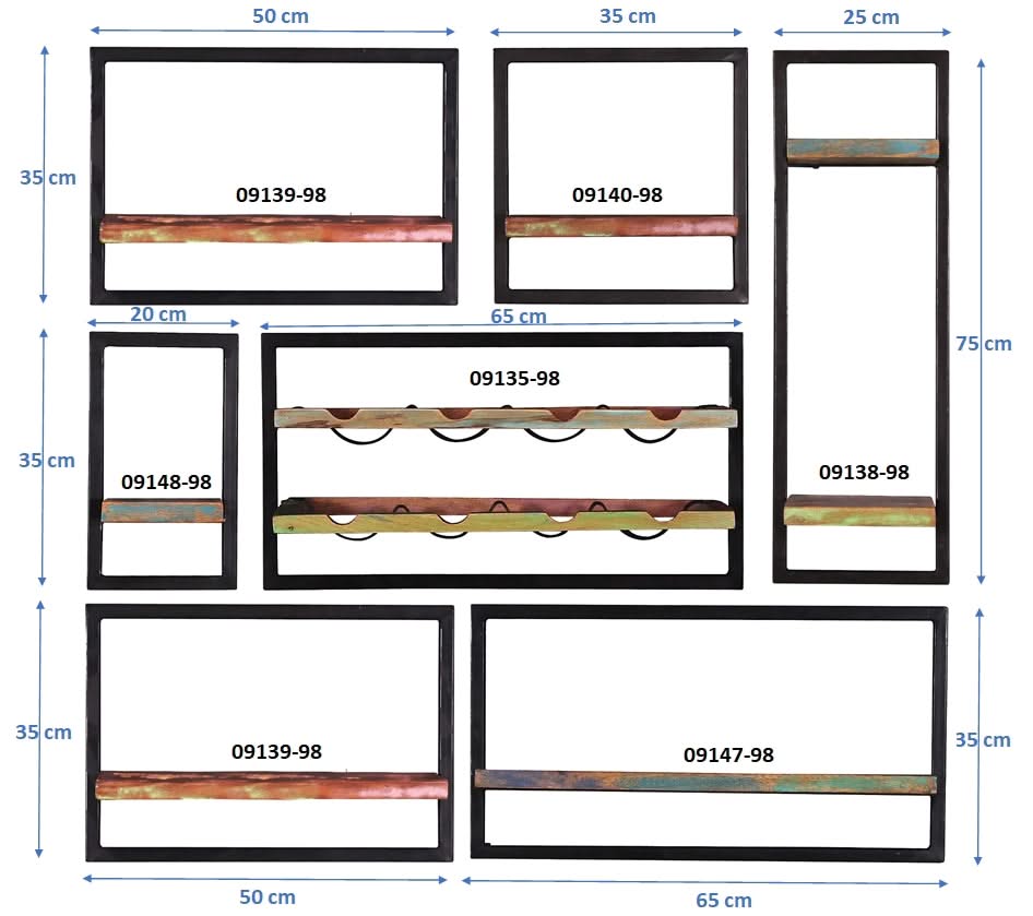 Wandregal-Set, 7-teilig 5 niedrige Wandregale in 4 Breiten, 1 hohes und Weinregal | Maße der Einzelregale: 2 x 50x25x35 cm, 2 x 65x25x35 cm, 1 x 35x25x35 cm, 1 x 20x25x35 cm, 1 x 25x25x75 cm