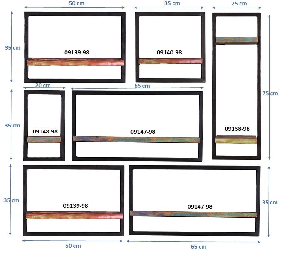 Wandregal-Set, 7-teilig 6 niedrige Wandregale in 3 Breiten und 1 hohes Wandregal | Maße der Einzelregale: 2 x 50x25x35 cm, 2 x 65x25x35 cm, 1 x 35x25x35 cm, 1 x 20x25x35 cm, 1 x 25x25x75 cm
