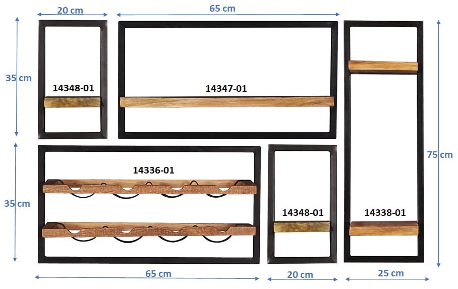 Wandregal-Set, 5-teilig 2 schmale, 1 breites, 1 hohes Wandregal und ein Weinregal | Maße der Einzelregale: 2 x 20x25x35cm 2 x 65x25x35 cm + 1 x 25x25x75cm