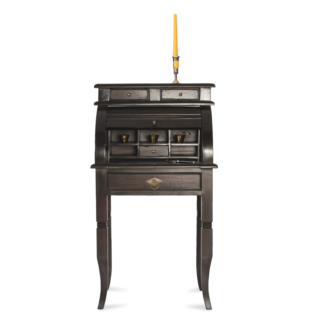 Sekretär mit Rollade, 4 Schubladen, 5 offene Fächer | Höhe bis zur Tischplatte 66 cm, Schreibfläche 41x19 cm, ausgezogen 34x32,5 cm