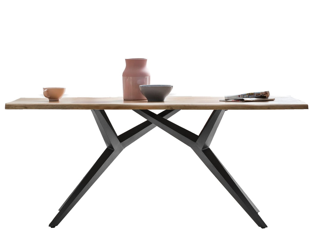 Tisch 220x100 cm Platte Wildeiche geölt, extravagantes schwarzes Gestell | Plattenstärke 20 mm auf 40 mm aufgedoppelt, aus durchgehenden Lamellen