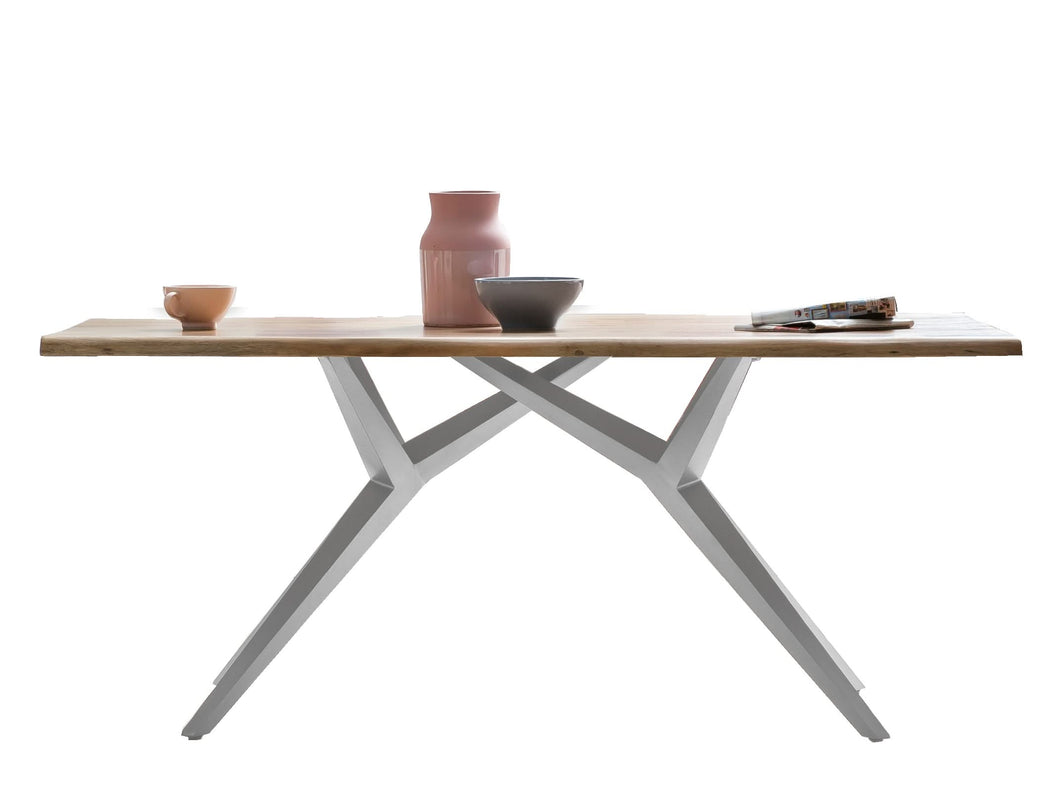 Tisch 220x100 cm Platte Wildeiche geölt, extravagantes silbernes Gestell | Plattenstärke 20 mm auf 40 mm aufgedoppelt, aus durchgehenden Lamellen