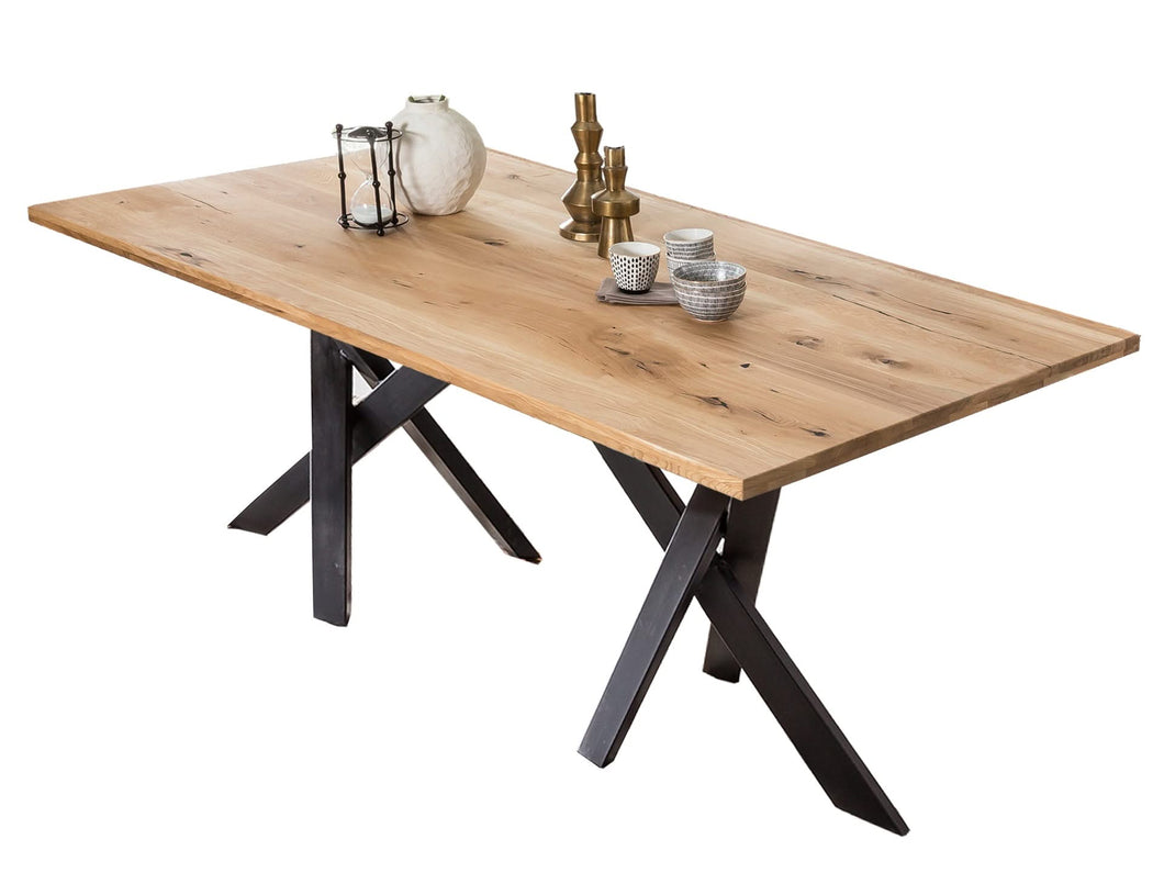 Tisch 200x100 cm  Platte Wildeiche geölt, Gestell antikschwarz | Plattenstärke 20 mm auf 40 mm aufgedoppelt, aus durchgehenden Lamellen, Rechteckrohre 8x4 cm