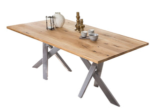 Tisch 240x100 cm  Platte Wildeiche geölt, Gestell antiksilber | Plattenstärke 20 mm auf 40 mm aufgedoppelt, aus durchgehenden Lamellen, Rechteckrohre 8x4 cm