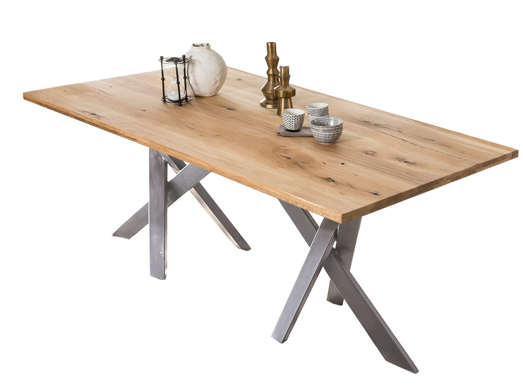 Tisch 240x100 cm  Platte Wildeiche geölt, Gestell antiksilber | Plattenstärke 20 mm auf 40 mm aufgedoppelt, aus durchgehenden Lamellen, Rechteckrohre 8x4 cm
