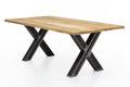 Tisch 200x100 cm Platte Wildeiche, X-Gestell im Used-Look | Plattenstärke 20 mm auf 40 mm aufgedoppelt, Abstand zwischen den Beinen: 130 cm, Rohr 10 x 10 cm, Wandstärke 1,4 mm, untere Höhe der Kreuzung 28 cm, obere Höhe 45 cm