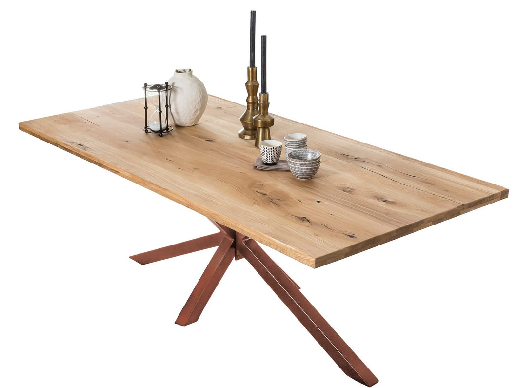 Tisch 220x100 cm Platte Wildeiche mit braunem Stern-Gestell | Plattenstärke 20 mm auf 40 mm aufgedoppelt