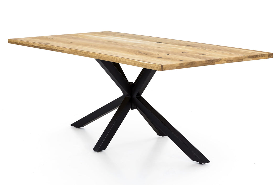 Tisch 180x100 cm Platte Wildeiche mit schwarzem Stern-Gestell | Plattenstärke 20 mm auf 40 mm aufgedoppelt