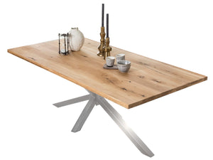 Tisch 240x100 cm Platte Wildeiche mit silbernem Stern-Gestell | Plattenstärke 20 mm auf 40 mm aufgedoppelt