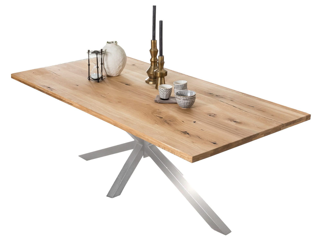 Tisch 240x100 cm Platte Wildeiche mit silbernem Stern-Gestell | Plattenstärke 20 mm auf 40 mm aufgedoppelt