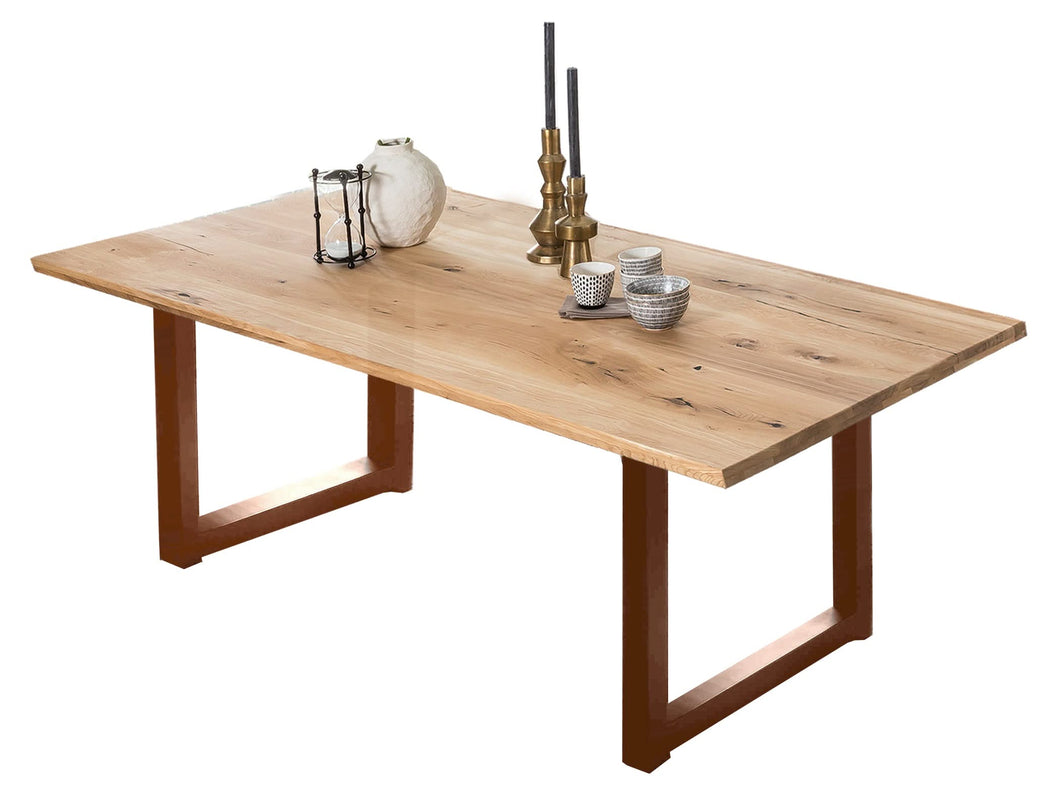 Tisch 180x100 cm Platte Wildeiche geölt, braunes Kufen-Gestell | Plattenstärke 20 mm auf 40 mm aufgedoppelt, aus durchgehenden Lamellen, Breite der Vierkantrohre 6 cm, Überstand 20cm
