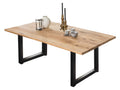 Tisch 180x100 cm Platte Wildeiche geölt, schwarzes Kufen-Gestell | Plattenstärke 20 mm auf 40 mm aufgedoppelt, aus durchgehenden Lamellen, Breite der Vierkantrohre 6 cm, Überstand 20cm