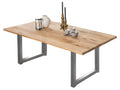 Tisch 240x100 cm Platte Wildeiche geölt, silbernes Kufen-Gestell | Plattenstärke 20 mm auf 40 mm aufgedoppelt, aus durchgehenden Lamellen, Breite der Vierkantrohre 6 cm, Überstand 20cm