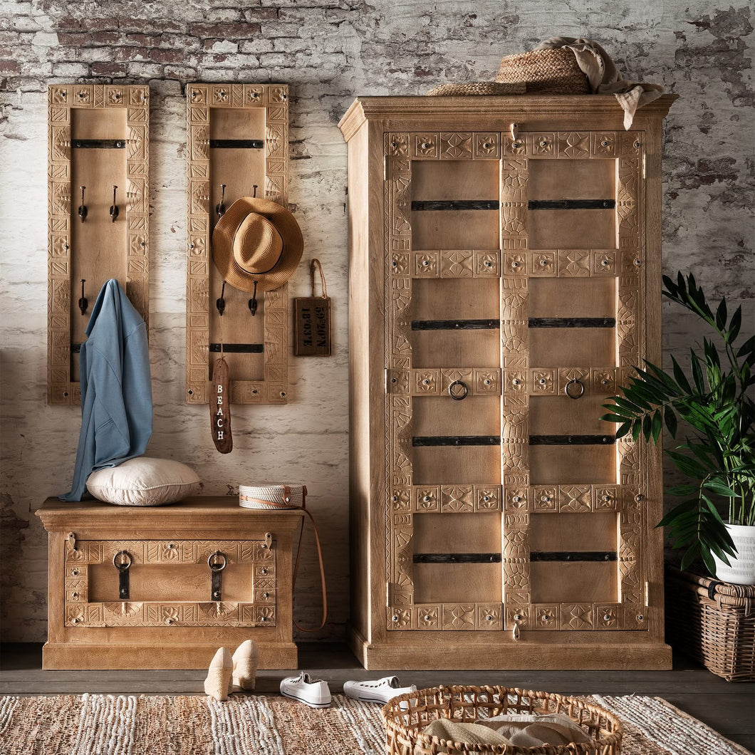 Dielen-Set 1 Schuhschrank, 2 Garderobenpaneele, 1 Kleiderschrank | Schuhschrank 85x45x50 cm für ca. 6 Paar Schuhe, Garderobenpaneel 35x8x110 cm, 4 Haken, Kleiderschrank 100x45x180 cm, innen 3 Böden, 2 davon herausnehmbar, 1 herausnehmbare Kleiderstange