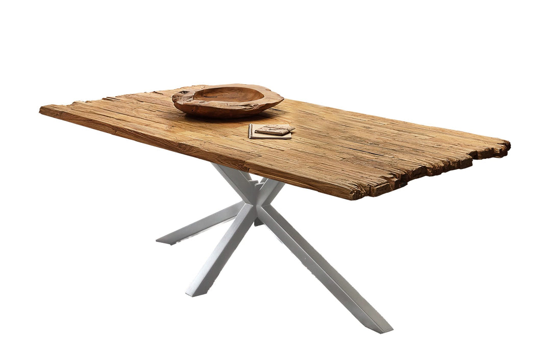 Tisch 180x100 cm Platte recyceltes Teak, Gestell antiksilber | Plattenstärke 20 mm auf 50 mm aufgedoppelt, Vierkantrohre 6x6 cm
