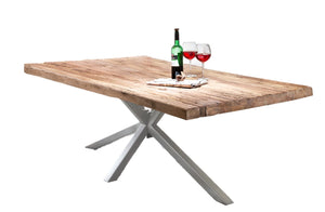 Tisch 180x100 cm Platte Teak natur, Gestell antiksilber | Plattenstärke 20 mm auf 50 mm aufgedoppelt, Vierkantrohre 6x6 cm