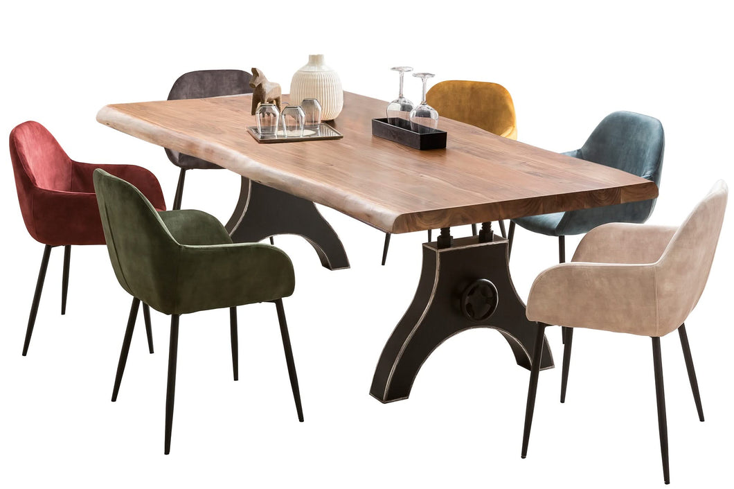 Tisch 220x100 cm massive Tischplatte mit Baumkante wie gewachsen / Gestell A-förmig, schwarz | Bestehend aus Gestell 07114-44 + Tischplatte 07123-01 - Plattenstärke 56 mm, Kurbelrad ohne Funktion