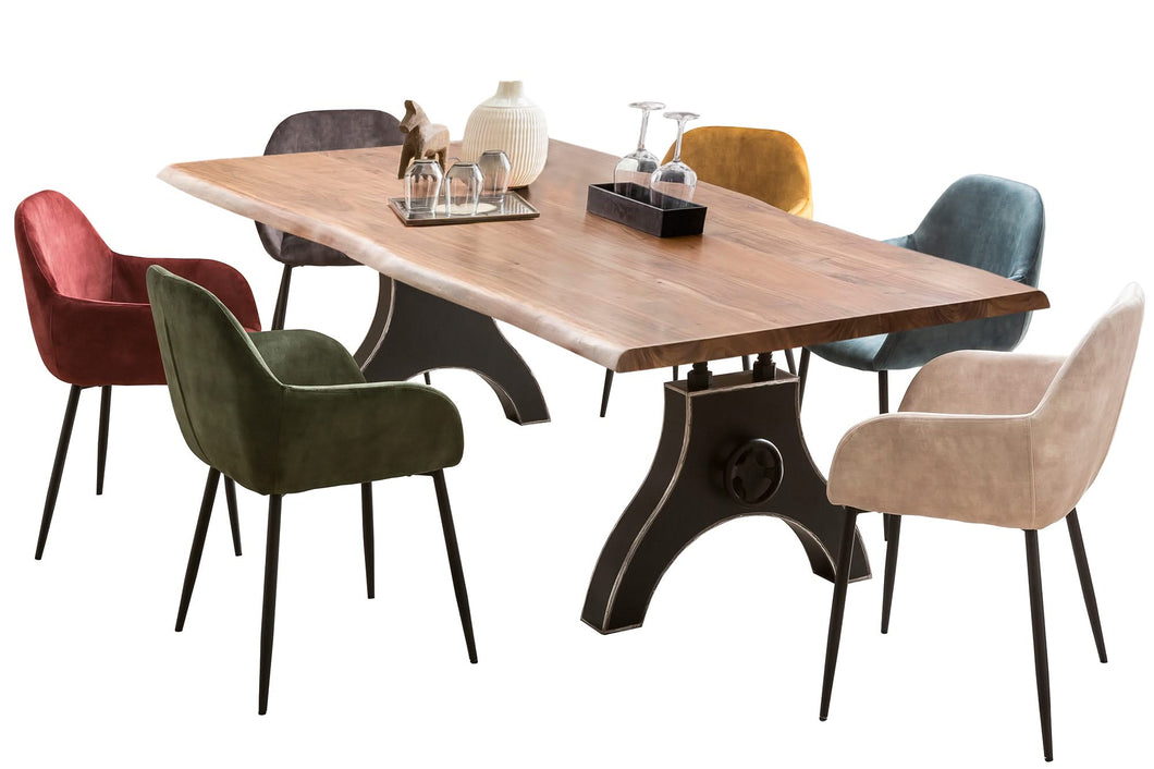 Tisch 200x100 cm Baumkante wie gewachsen, gebeizt, lackiert und gewachst / Gestell A-förmig, schwarz | Bestehend aus Gestell 07114-44 + Tischplatte 07176-01 - Plattenstärke 36 mm, Kurbelrad ohne Funktion