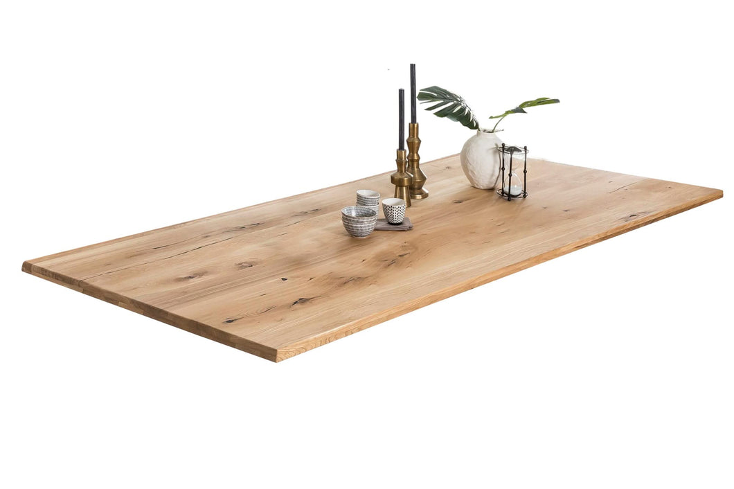 Tisch 220x100 cm Wildeiche natur, Plattenstärke 40 mm / Gestell im Used Look | Bestehend aus Gestell 07114-43 + Tischplatte 07145-03, Plattenstärke 20 mm auf 40 mm aufgedoppelt, aus durchgehenden Lamellen, Platte geölt, Gestell: Breite der Wangen 2 cm