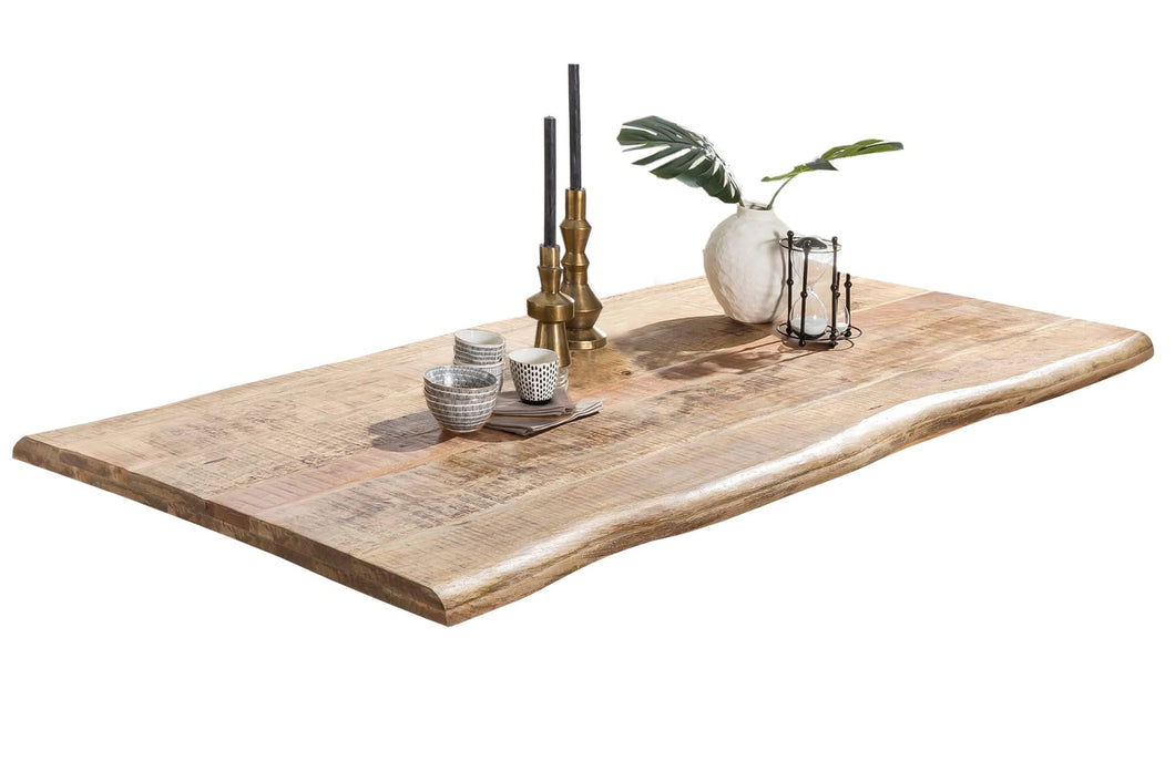 Tisch 160x90 cm Mango natur, Plattenstärke 56 mm / Gestell im Used Look | Bestehend aus Gestell 07114-43 + Tischplatte 07146-00, Plattenstärke aufgedoppelt auf 56 mm, mit Baumkante wie gewachsen, Gestell: Breite der Wangen 2 cm