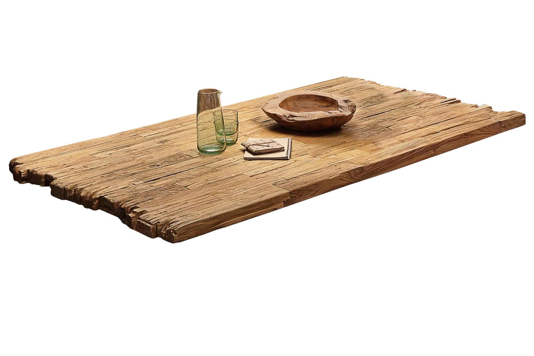 Tisch 220x100 cm Teak natur, Plattenstärke 50 mm / Gestell im Used Look | Bestehend aus Gestell 07114-43 + Tischplatte 07179-03, Plattenstärke 25 mm auf 50 mm aufgedoppelt, mit Bruchkante an den kurzen Seiten, Gestell: Breite der Wangen 2 cm