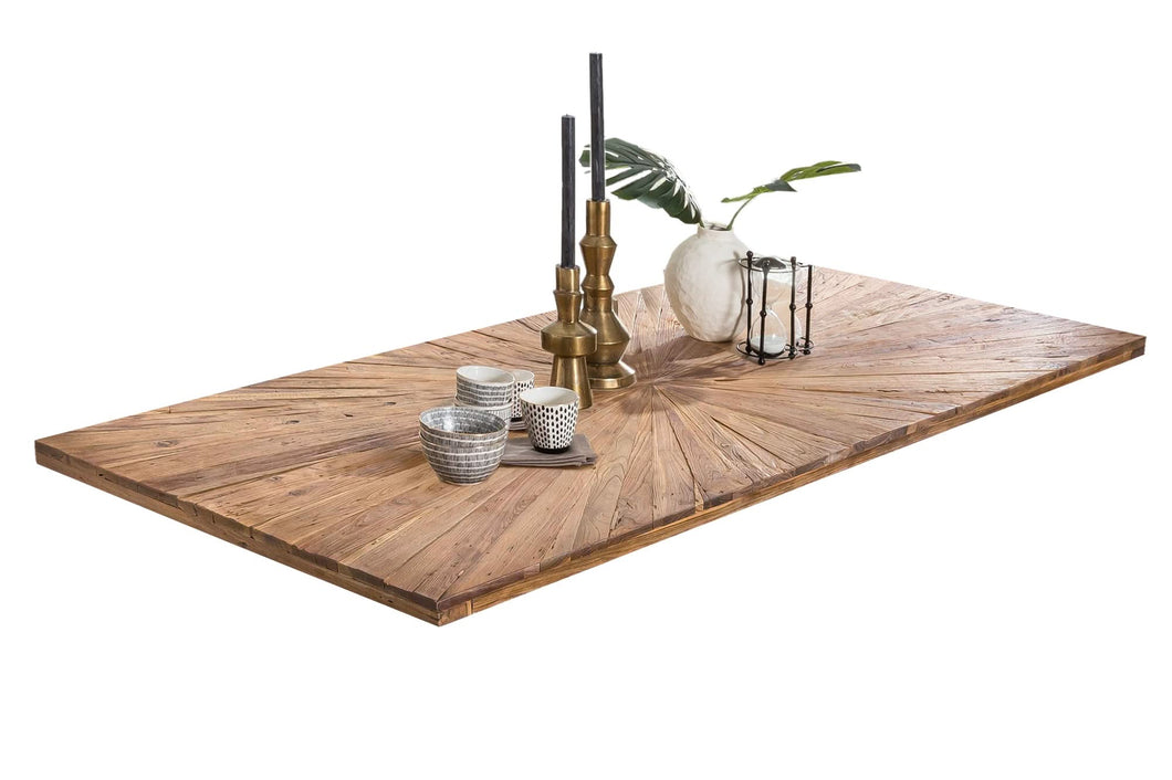 Tisch 180x100 cm Teak natur, Plattenstärke 50 mm / Gestell im Used Look | Bestehend aus Gestell 07114-43 + Tischplatte 07180-01, Plattenstärke von 50 mm, mit extravagantem Sonnendesign, Gestell: Breite der Wangen 2 cm