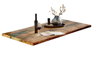 Tisch 180x100 cm Altholz bunt lackiert, Plattenstärke 40 cm / Gestell im Used Look | Bestehend aus Gestell 07114-43 + Tischplatte 07188-98, Plattenstärke 20 cm auf 40 cm aufgedoppelt, Platte bunt lackiert, Gestell: Breite der Wangen 2 cm