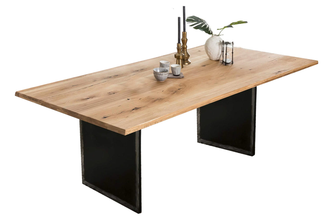 Tisch 200x100 cm Wildeiche natur, Plattenstärke 40 mm / Gestell im Used Look | Bestehend aus Gestell 07114-42 + Tischplatte 07145-02, Plattenstärke 20 mm auf 40 mm aufgedoppelt, aus durchgehenden Lamellen, Platte geölt, Gestell: Breite der Wangen 2 cm