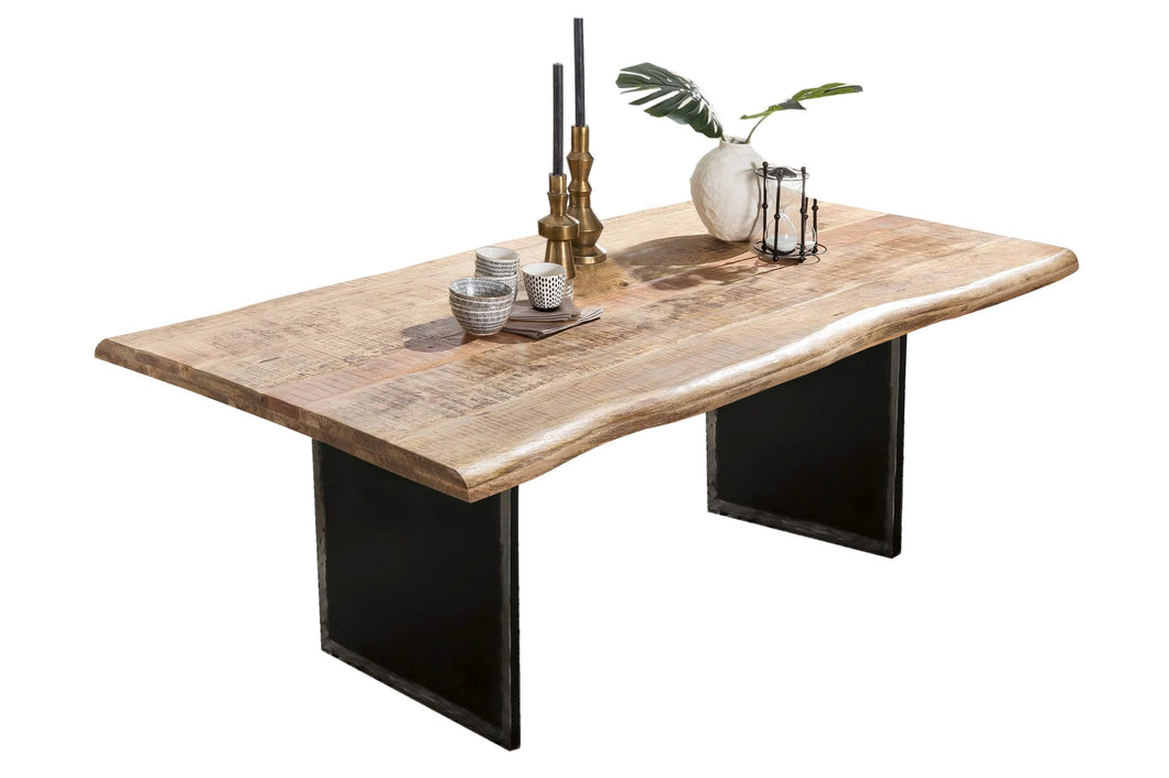 Tisch 180x90 cm Mango natur, Plattenstärke 56 mm / Gestell im Used Look | Bestehend aus Gestell 07114-42 + Tischplatte 07146-01, Plattenstärke aufgedoppelt auf 56 mm, mit Baumkante wie gewachsen, Gestell: Breite der Wangen 2 cm