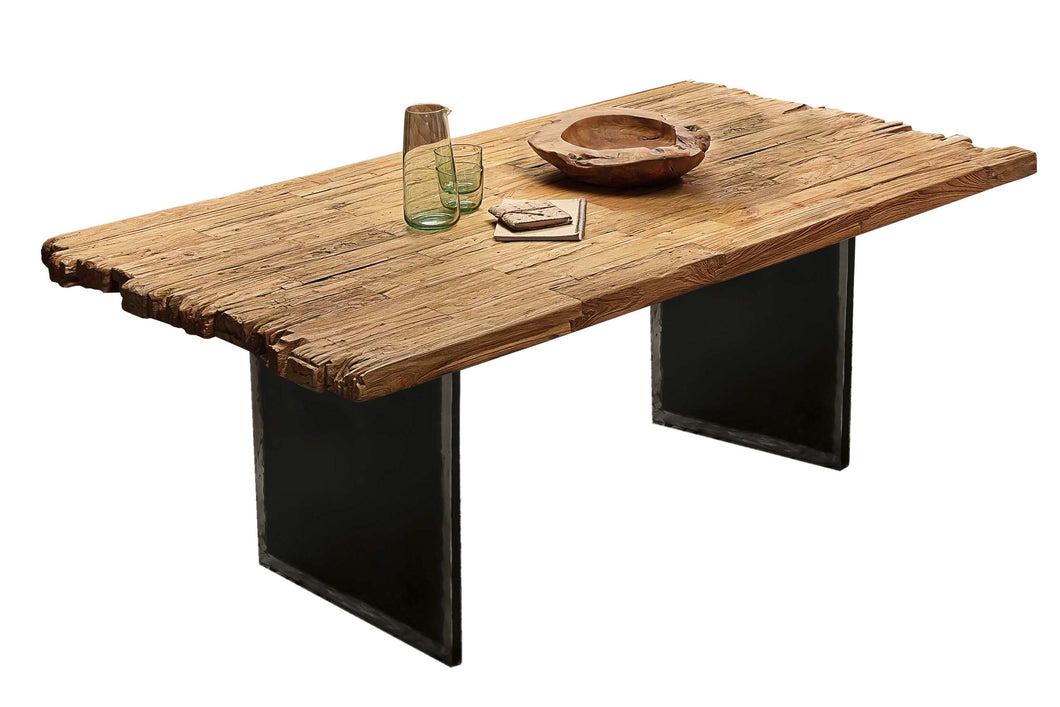 Tisch 220x100 cm Teak natur, Plattenstärke 50 mm / Gestell im Used Look | Bestehend aus Gestell 07114-42 + Tischplatte 07179-03, Plattenstärke 25 mm auf 50 mm aufgedoppelt, mit Bruchkante an den kurzen Seiten, Gestell: Breite der Wangen 2 cm