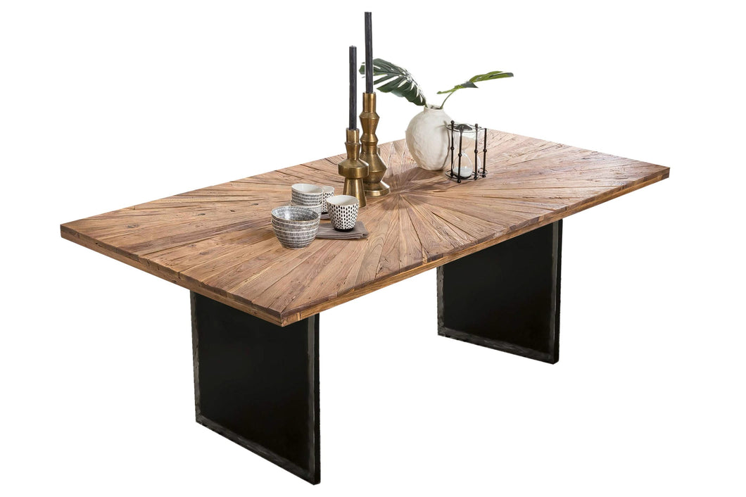 Tisch 160x90 cm Teak natur, Plattenstärke 50 mm / Gestell im Used Look | Bestehend aus Gestell 07114-42 + Tischplatte 07185-01, Plattenstärke von 50 mm, mit extravagantem Sonnendesign, Gestell: Breite der Wangen 2 cm