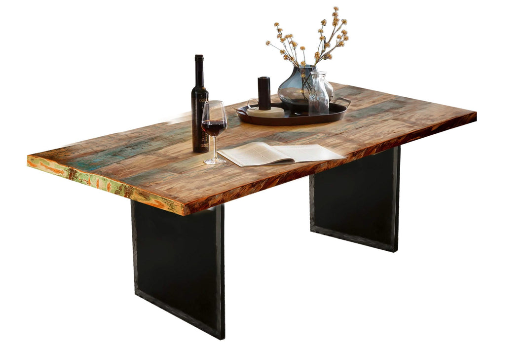 Tisch 240x100 cm Altholz bunt lackiert, Plattenstärke 40 cm / Gestell im Used Look | Bestehend aus Gestell 07114-42 + Tischplatte 07184-98, Plattenstärke 20 cm auf 40 cm aufgedoppelt, Platte bunt lackiert, Gestell: Breite der Wangen 2 cm