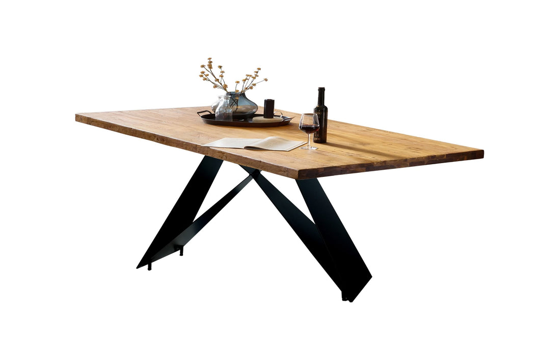 Tisch 200x100 cm recyceltes Teak, Plattenstärke 50 mm, Gestell Cross Base | Bestehend aus Gestell 07114-45 + Tischplatte 07131-01, Plattenstärke 20 mm aufgedoppelt auf 50 mm, Gestell aus matt schwarz lackiertem Eisen